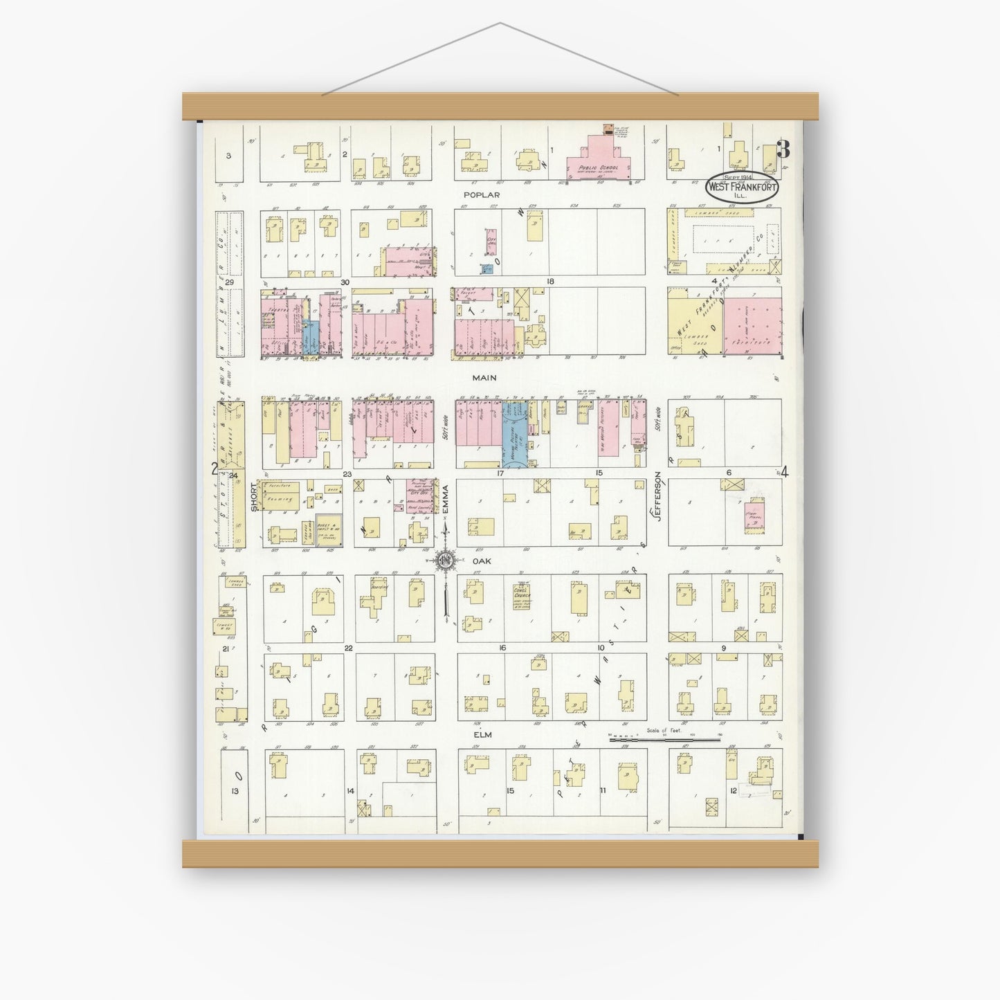 Old map wall art mockup — magnetic wood frame on white wall — Sanborn Fire Insurance Map from West Frankfort, Franklin County, Illinois (1914), Sheet #0003