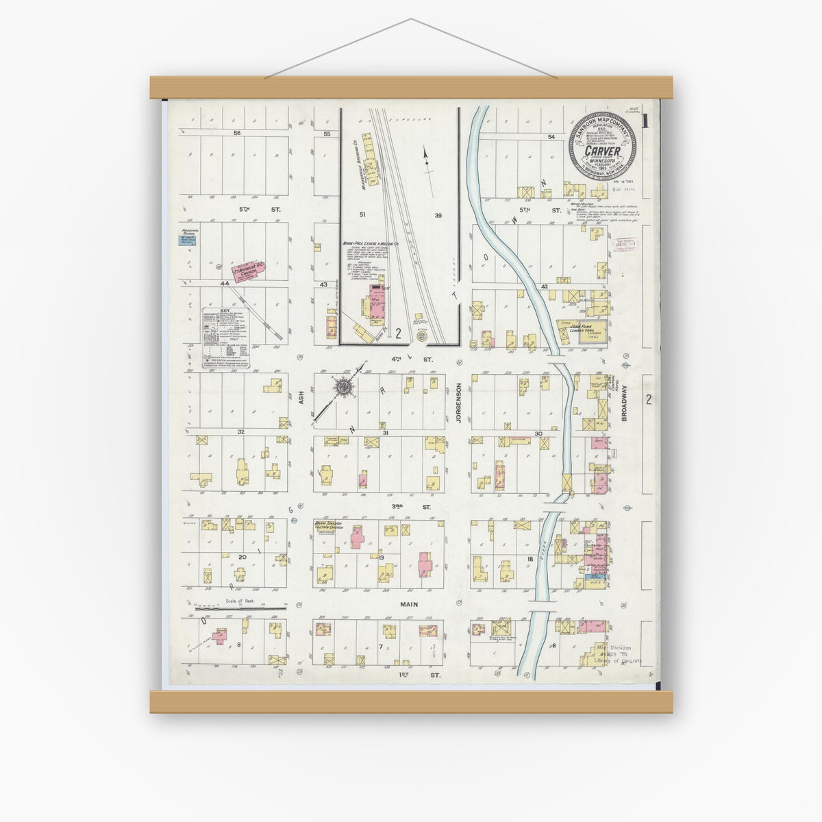Old map wall art mockup — magnetic wood frame on white wall — Sanborn Fire Insurance Map from Carver, Carver County, Minnesota (1911), Sheet #0001