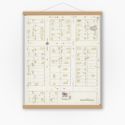 Old map wall art mockup — magnetic wood frame on white wall — Sanborn Fire Insurance Map from Wells, Faribault County, Minnesota (1914), Sheet #0007