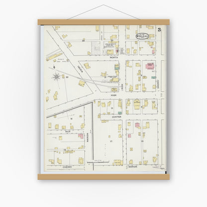 Old map wall art mockup — magnetic wood frame on white wall — Sanborn Fire Insurance Map from Mount Gilead, Morrow County, Ohio (1892), Sheet #0003
