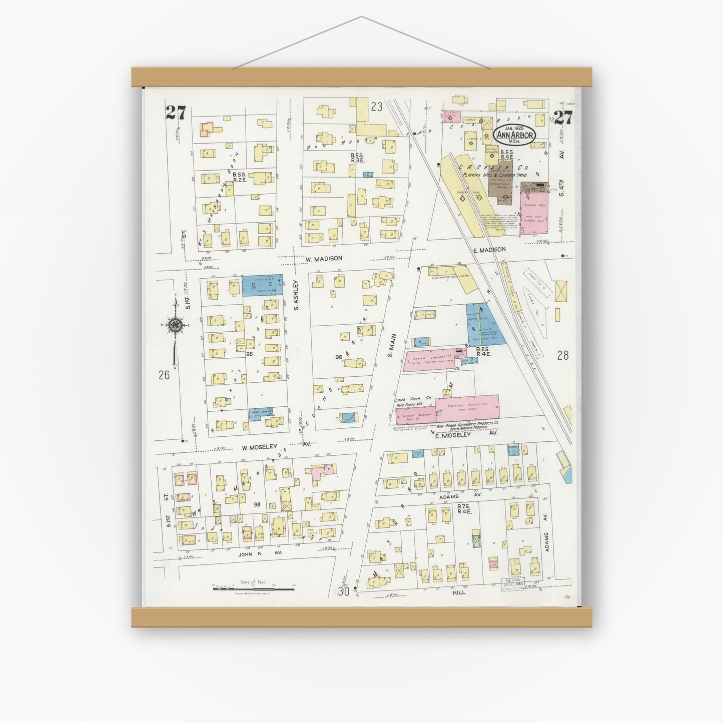 Old map wall art mockup — magnetic wood frame on white wall — Sanborn Fire Insurance Map from Ann Arbor, Washtenaw County, Michigan (1925), Sheet #0027