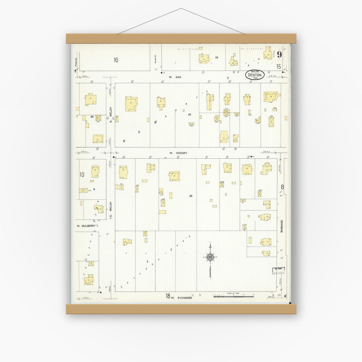 Old map wall art mockup — magnetic wood frame on white wall — Sanborn Fire Insurance Map from Denton, Denton County, Texas (1912), Sheet #0009