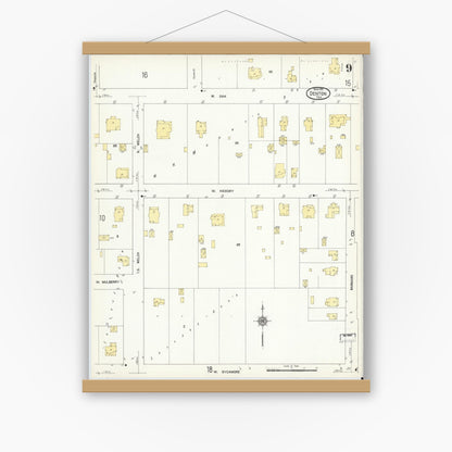 Old map wall art mockup — magnetic wood frame on white wall — Sanborn Fire Insurance Map from Denton, Denton County, Texas (1912), Sheet #0009