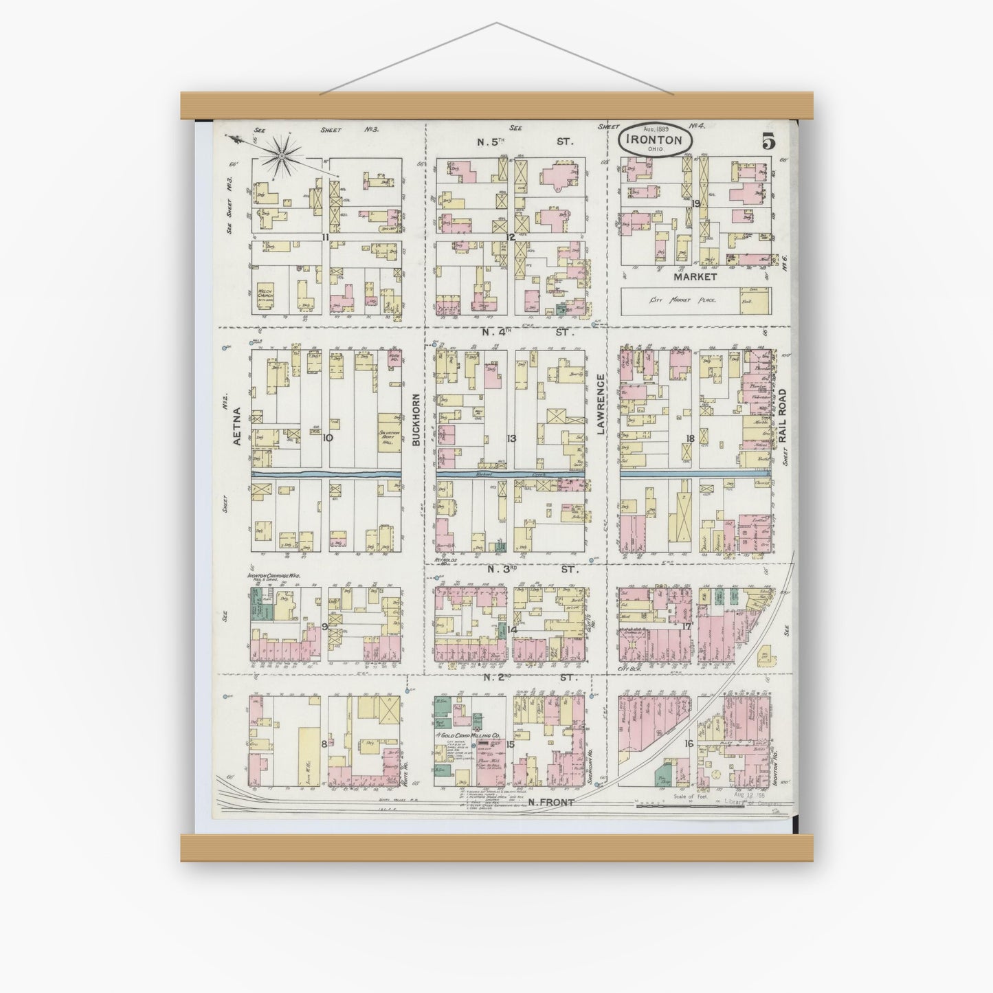 Old map wall art mockup — magnetic wood frame on white wall — Sanborn Fire Insurance Map from Ironton, Lawrence County, Ohio (1889), Sheet #0005