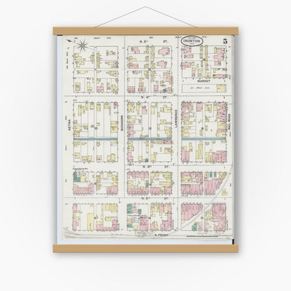 Old map wall art mockup — magnetic wood frame on white wall — Sanborn Fire Insurance Map from Ironton, Lawrence County, Ohio (1889), Sheet #0005