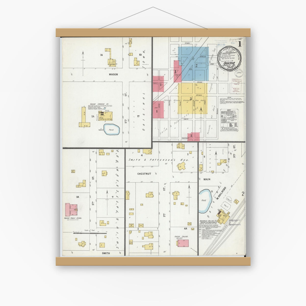 Old map wall art mockup — magnetic wood frame on white wall — Sanborn Fire Insurance Map from Odessa, Lafayette County, Missouri (1900), Sheet #0001