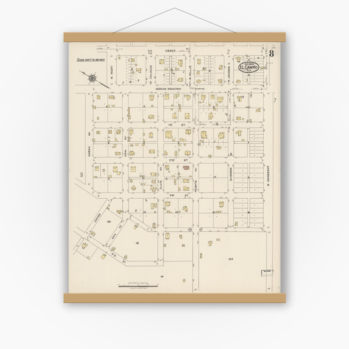 Old map wall art mockup — magnetic wood frame on white wall — Sanborn Fire Insurance Map from El Campo, Wharton County, Texas (1922), Sheet #0008