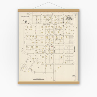Old map wall art mockup — magnetic wood frame on white wall — Sanborn Fire Insurance Map from El Campo, Wharton County, Texas (1922), Sheet #0008