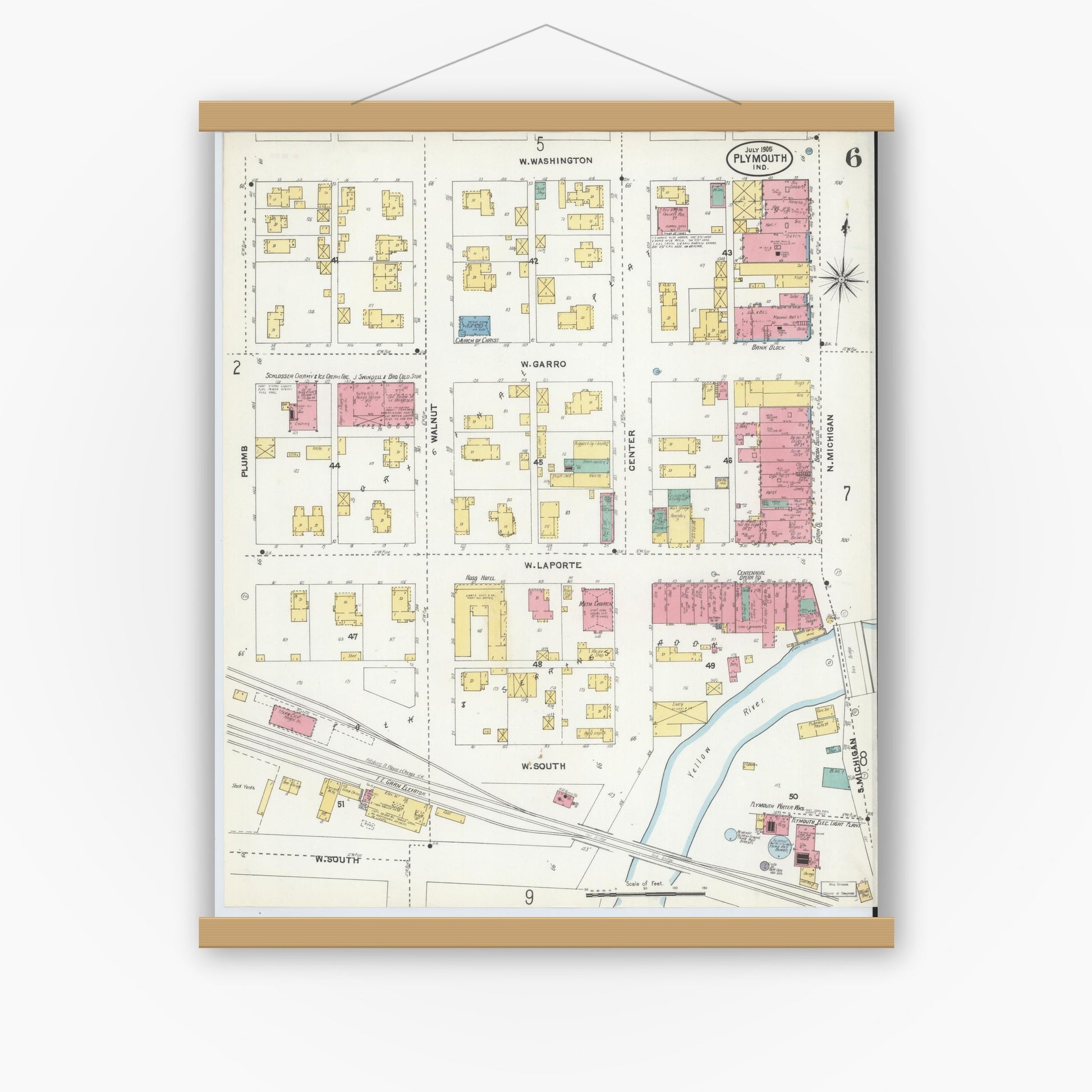 Old map wall art mockup — magnetic wood frame on white wall — Sanborn Fire Insurance Map from Plymouth, Marhshall County, Indiana (1905), Sheet #0006