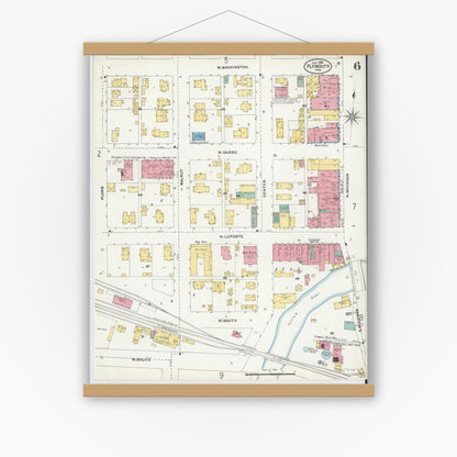 Old map wall art mockup — magnetic wood frame on white wall — Sanborn Fire Insurance Map from Plymouth, Marhshall County, Indiana (1905), Sheet #0006
