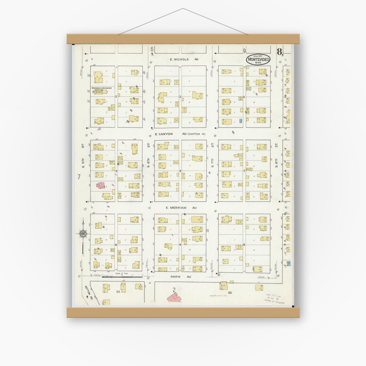 Old map wall art mockup — magnetic wood frame on white wall — Sanborn Fire Insurance Map from Montevideo, Chippewa County, Minnesota (1917), Sheet #0008