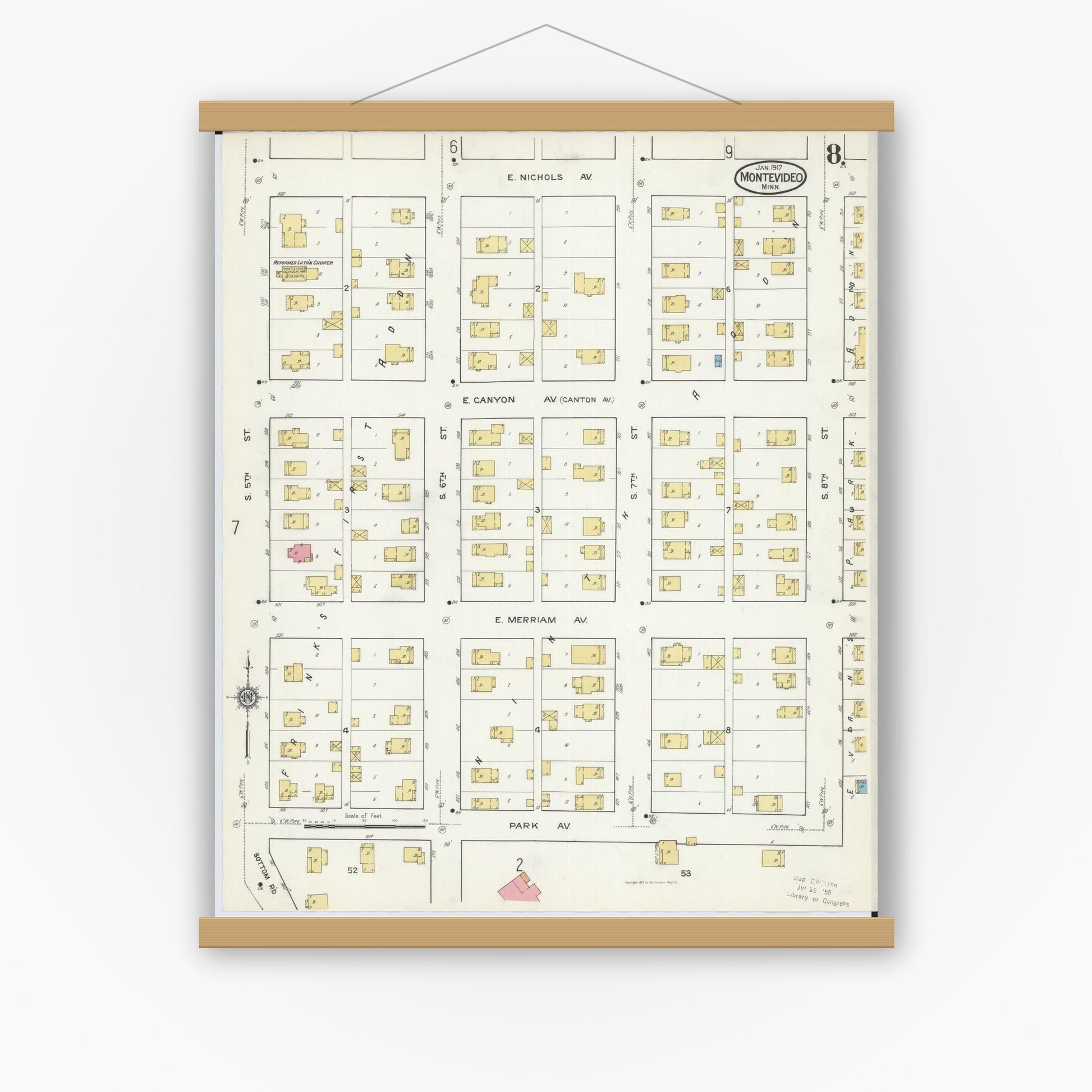 Old map wall art mockup — magnetic wood frame on white wall — Sanborn Fire Insurance Map from Montevideo, Chippewa County, Minnesota (1917), Sheet #0008