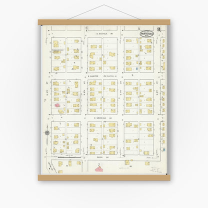 Old map wall art mockup — magnetic wood frame on white wall — Sanborn Fire Insurance Map from Montevideo, Chippewa County, Minnesota (1917), Sheet #0008