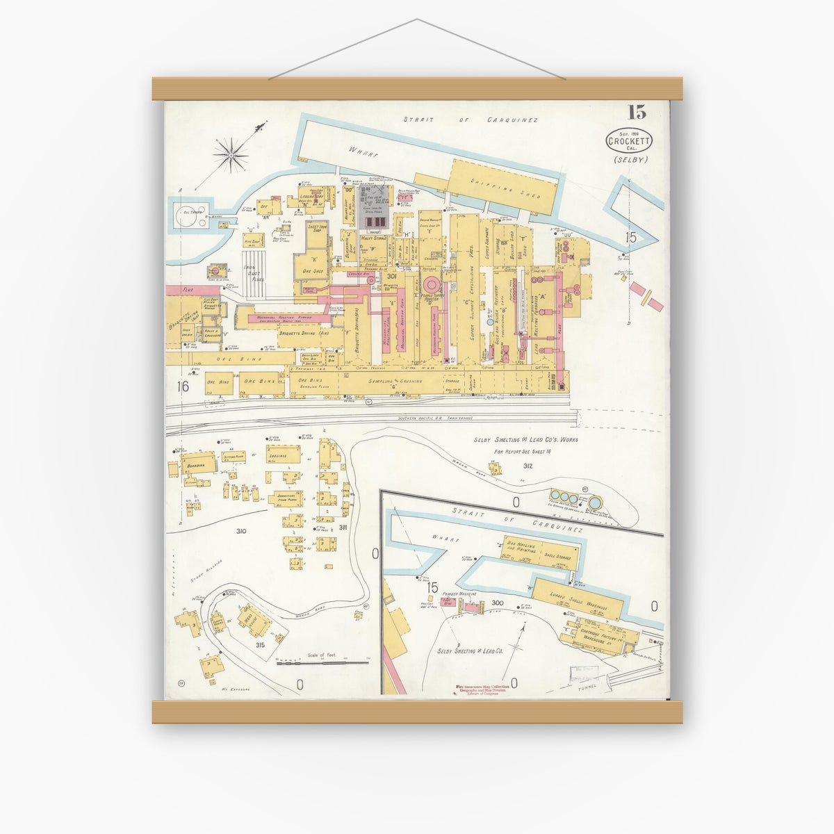 Old map wall art mockup — magnetic wood frame on white wall — Sanborn Fire Insurance Map from Crockett, Contra Costa County, California (1906), Sheet #0015