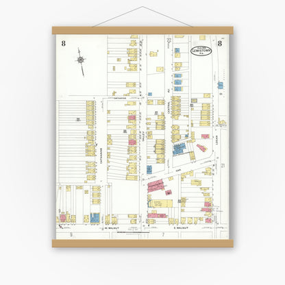Old map wall art mockup — magnetic wood frame on white wall — Sanborn Fire Insurance Map from Lewistown, Mifflin County, Pennsylvania (1923), Sheet #0008