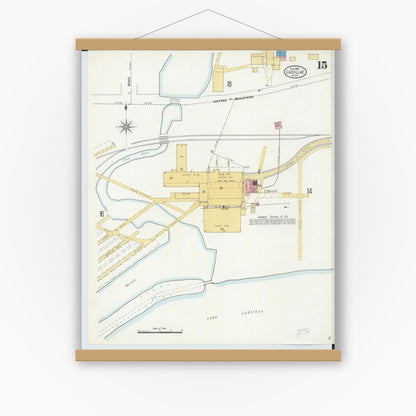 Old map wall art mockup — magnetic wood frame on white wall — Sanborn Fire Insurance Map from Cadillac, Wexford County, Michigan (1906), Sheet #0015