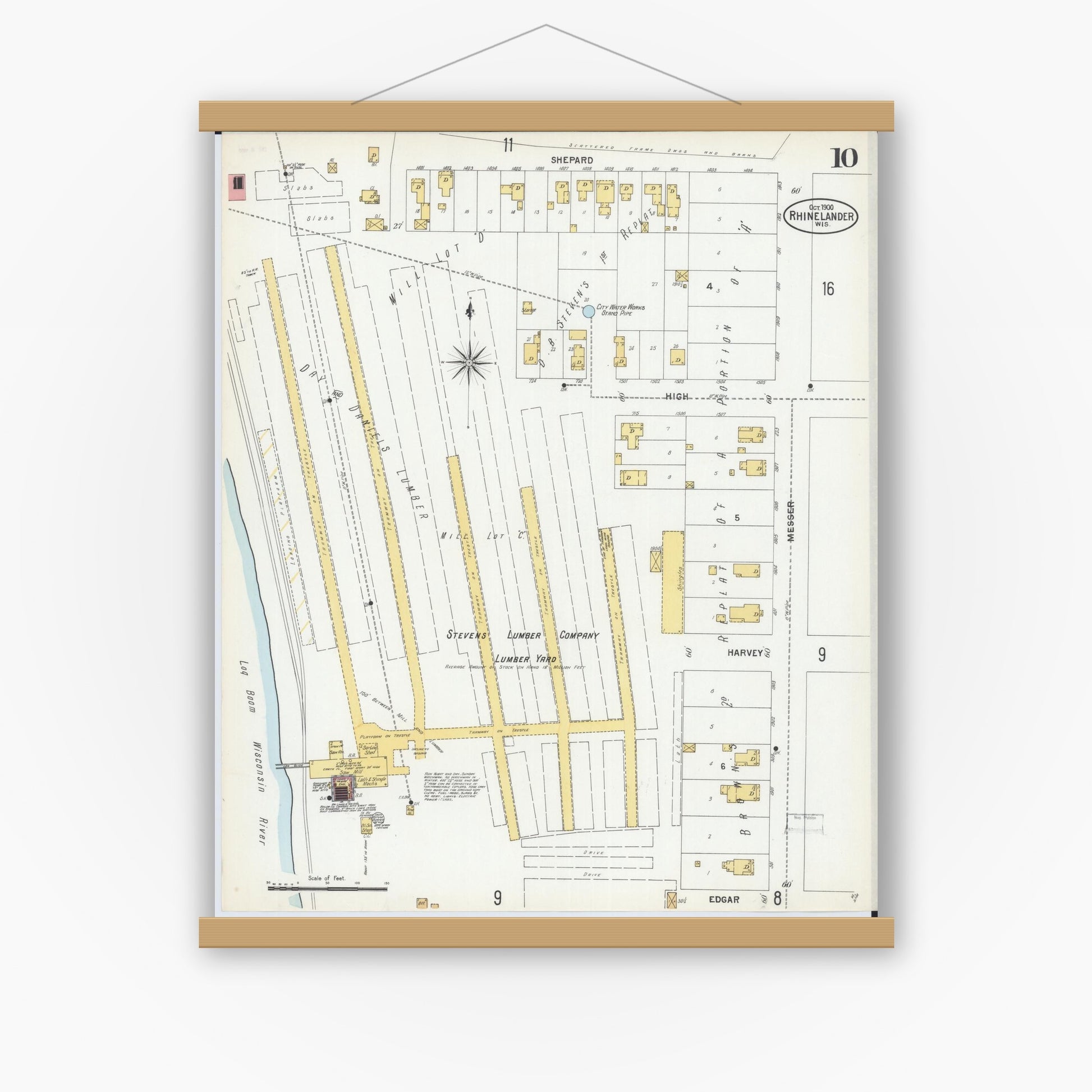 Old map wall art mockup — magnetic wood frame on white wall — Sanborn Fire Insurance Map from Rhinelander, Oneida County, Wisconsin (1900), Sheet #0010
