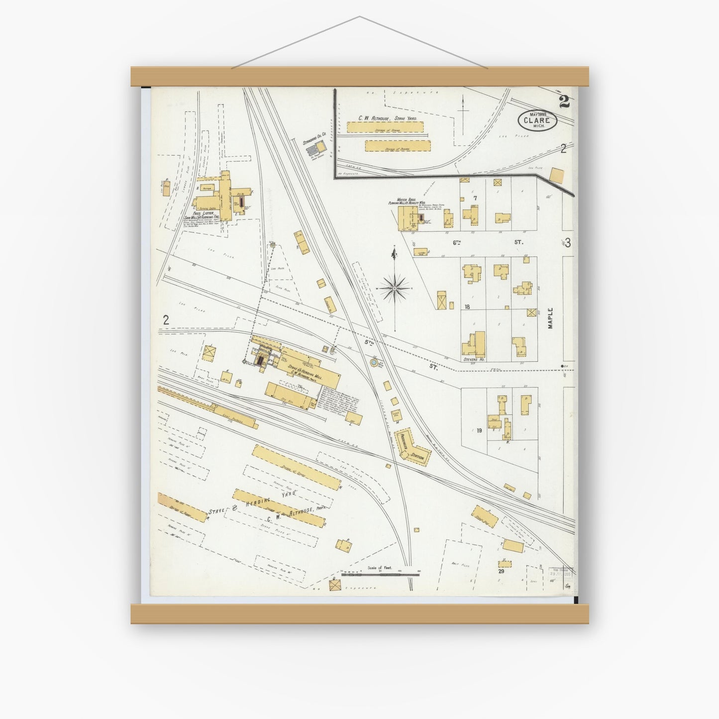 Old map wall art mockup — magnetic wood frame on white wall — Sanborn Fire Insurance Map from Clare, Clare County, Michigan (1899), Sheet #0002