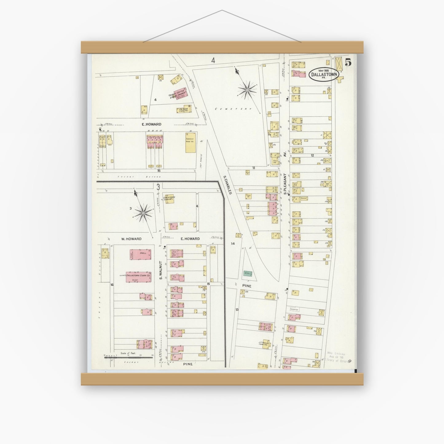 Old map wall art mockup — magnetic wood frame on white wall — Sanborn Fire Insurance Map from Dallastown, York County, Pennsylvania (1908), Sheet #0005