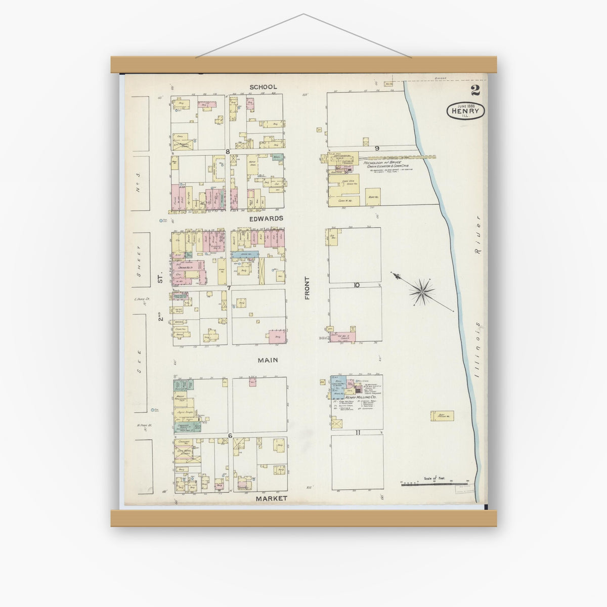 Old map wall art mockup — magnetic wood frame on white wall — Sanborn Fire Insurance Map from Henry, Marshall County, Illinois (1888), Sheet #0002