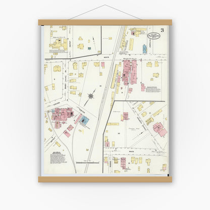 Old map wall art mockup — magnetic wood frame on white wall — Sanborn Fire Insurance Map from Plymouth, Wayne County, Michigan (1909), Sheet #0003