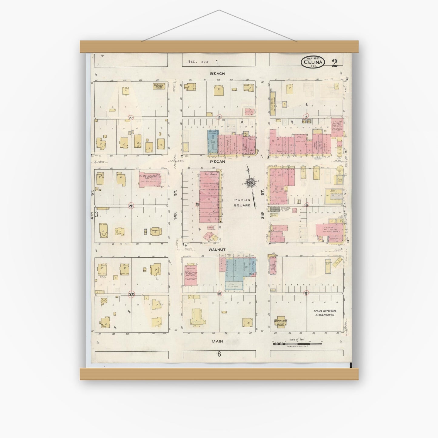 Old map wall art mockup — magnetic wood frame on white wall — Sanborn Fire Insurance Map from Celina, Collin County, Texas (1944), Sheet #0002