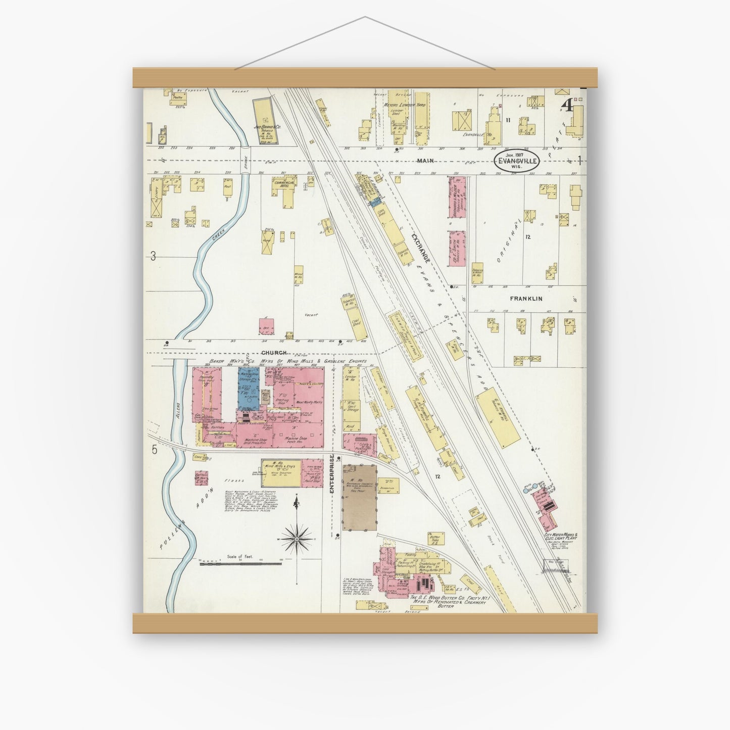 Old map wall art mockup — magnetic wood frame on white wall — Sanborn Fire Insurance Map from Evansville, Rock County, Wisconsin (1907), Sheet #0004