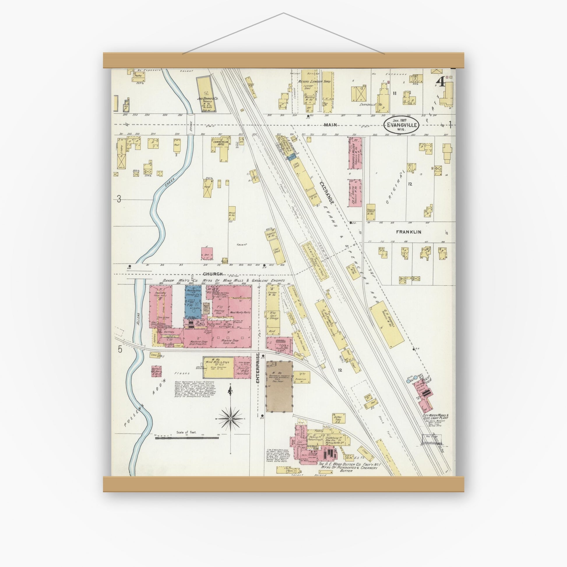 Old map wall art mockup — magnetic wood frame on white wall — Sanborn Fire Insurance Map from Evansville, Rock County, Wisconsin (1907), Sheet #0004