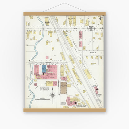 Old map wall art mockup — magnetic wood frame on white wall — Sanborn Fire Insurance Map from Evansville, Rock County, Wisconsin (1907), Sheet #0004