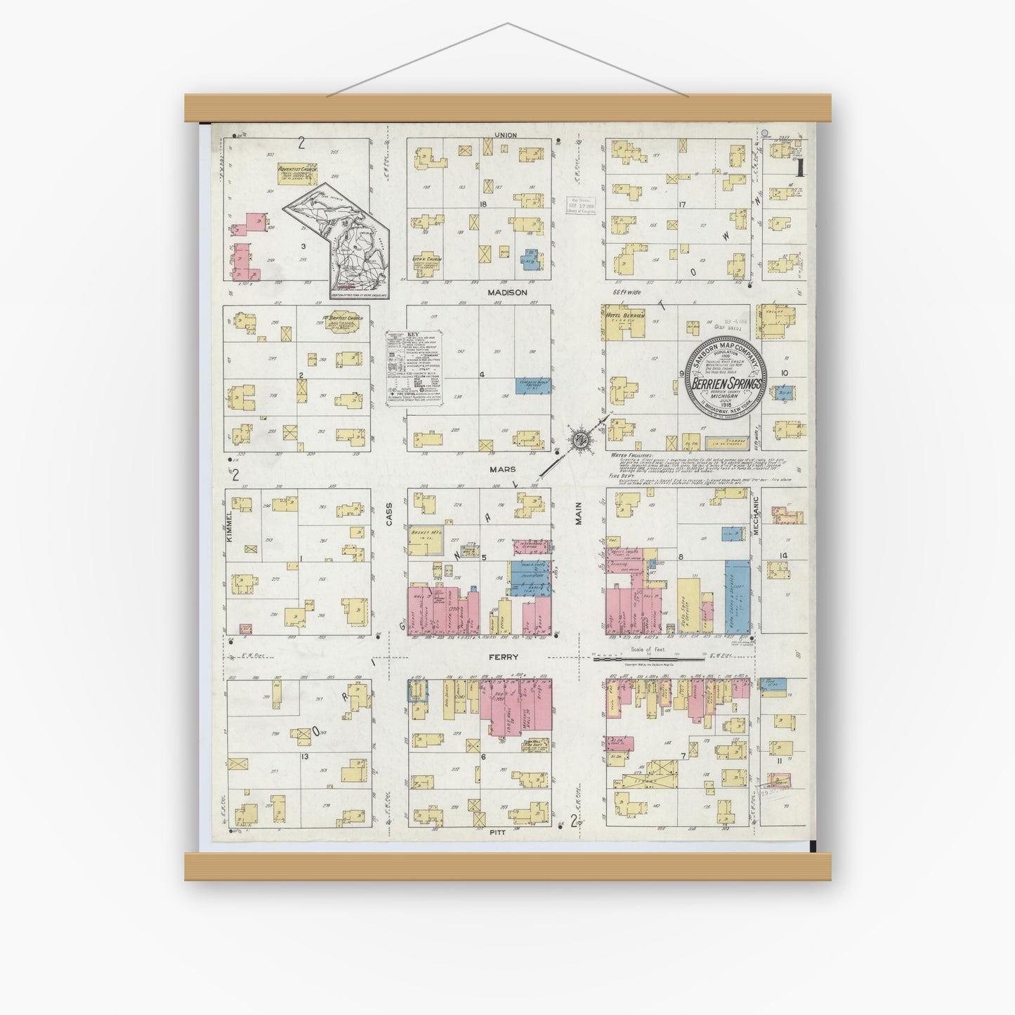 Old map wall art mockup — magnetic wood frame on white wall — Sanborn Fire Insurance Map from Berrien Springs, Berrien County, Michigan (1918), Sheet #0001