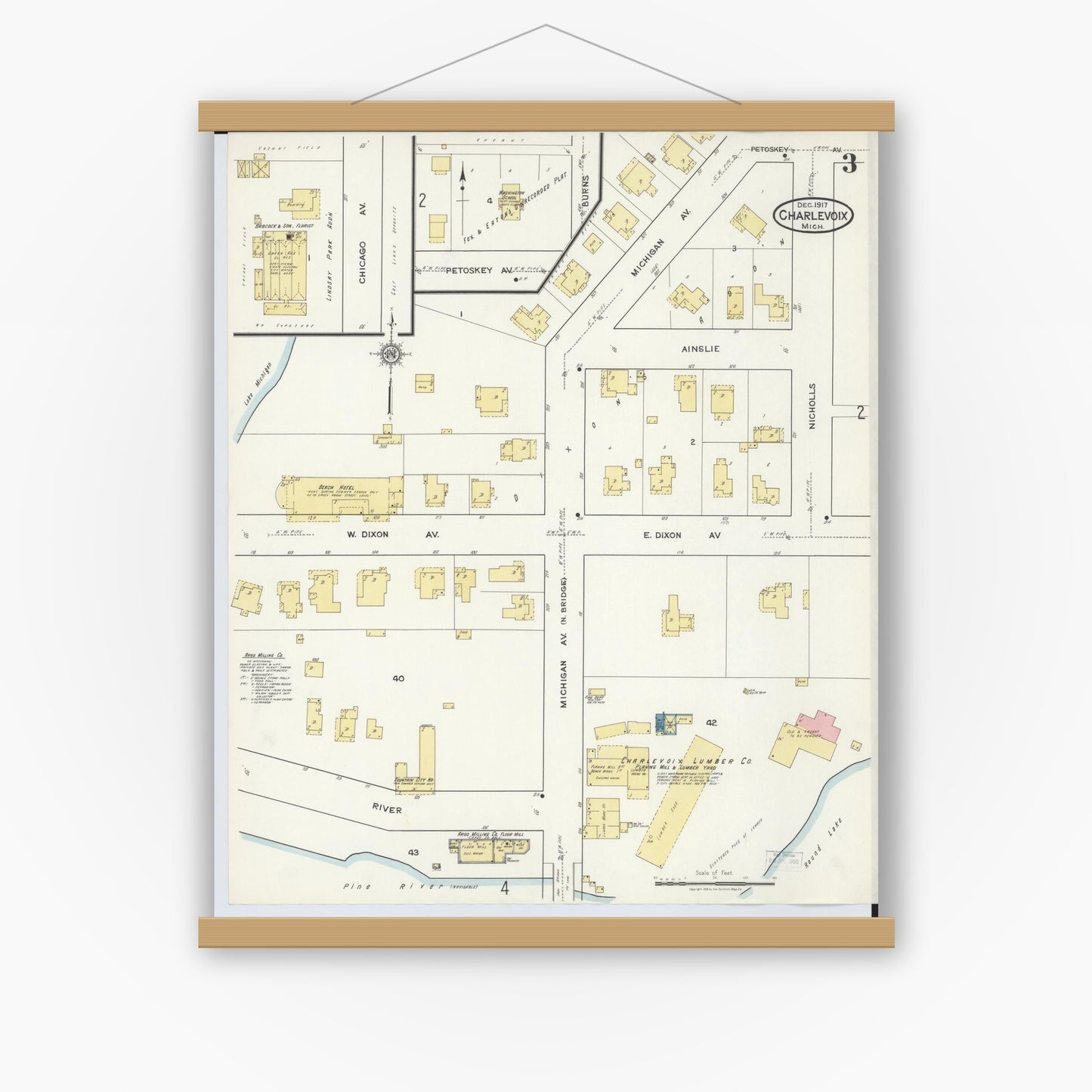 Old map wall art mockup — magnetic wood frame on white wall — Sanborn Fire Insurance Map from Charlevoix, Charlevoix County, Michigan (1917), Sheet #0003