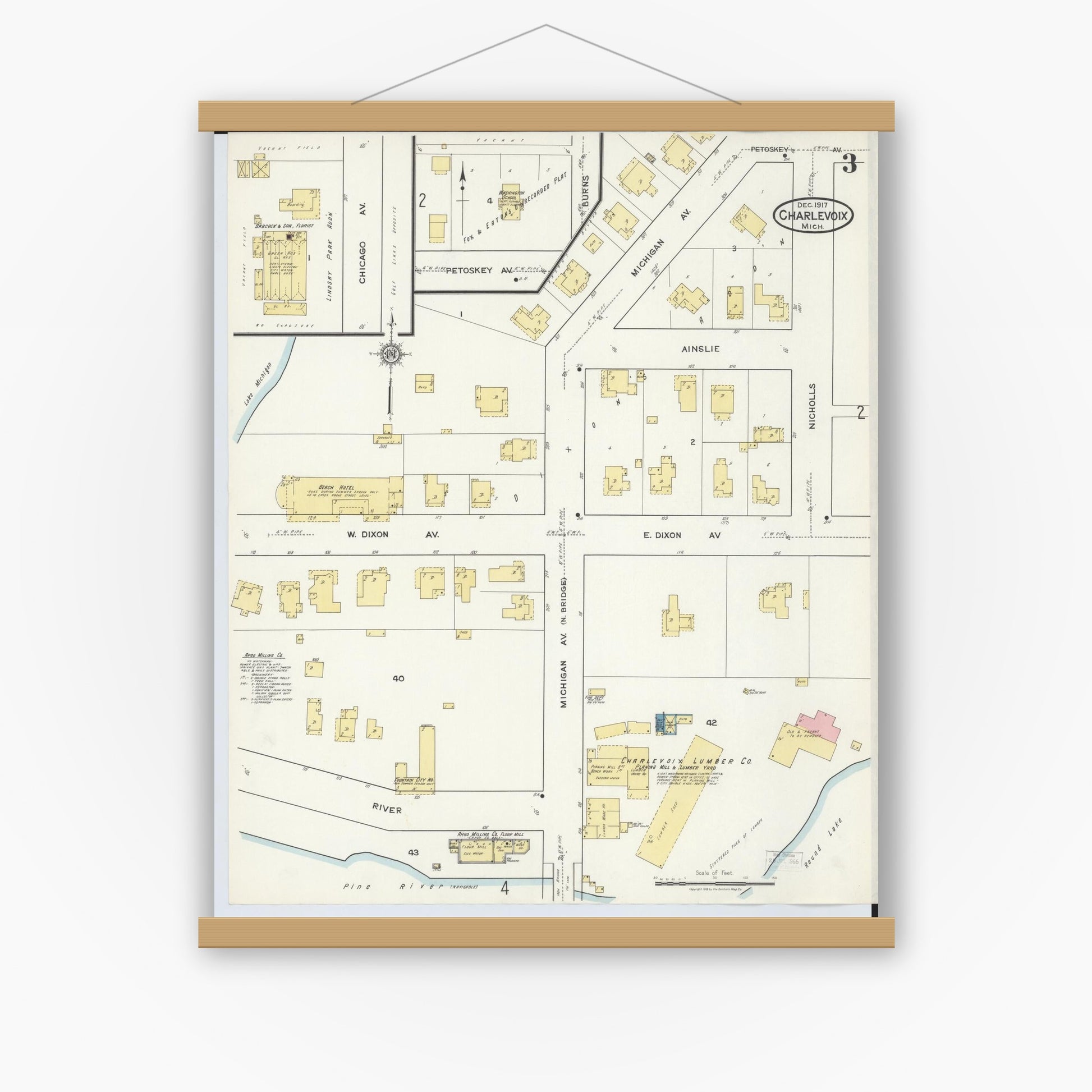 Old map wall art mockup — magnetic wood frame on white wall — Sanborn Fire Insurance Map from Charlevoix, Charlevoix County, Michigan (1917), Sheet #0003