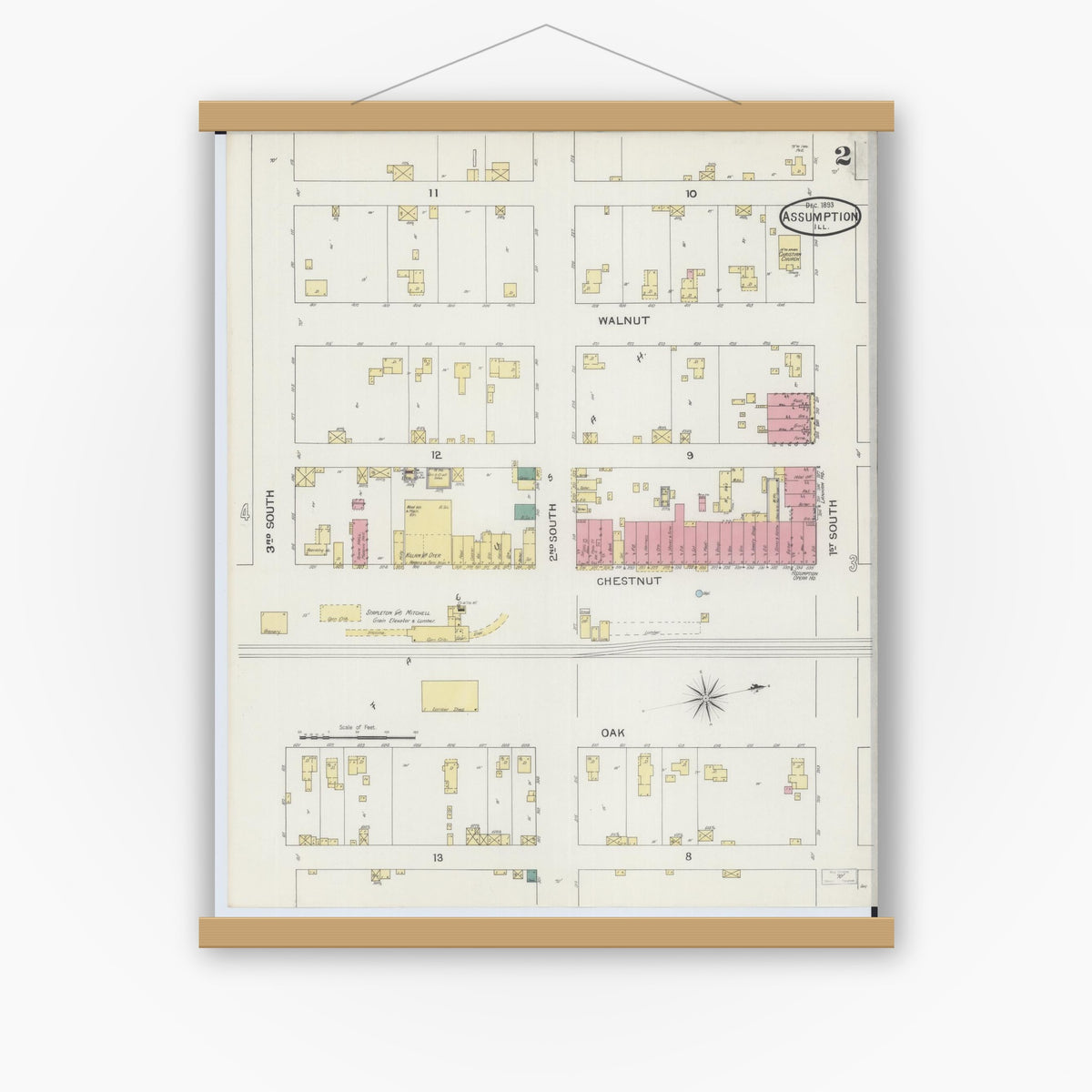 Old map wall art mockup — magnetic wood frame on white wall — Sanborn Fire Insurance Map from Assumption, Christian County, Illinois (1893), Sheet #0002