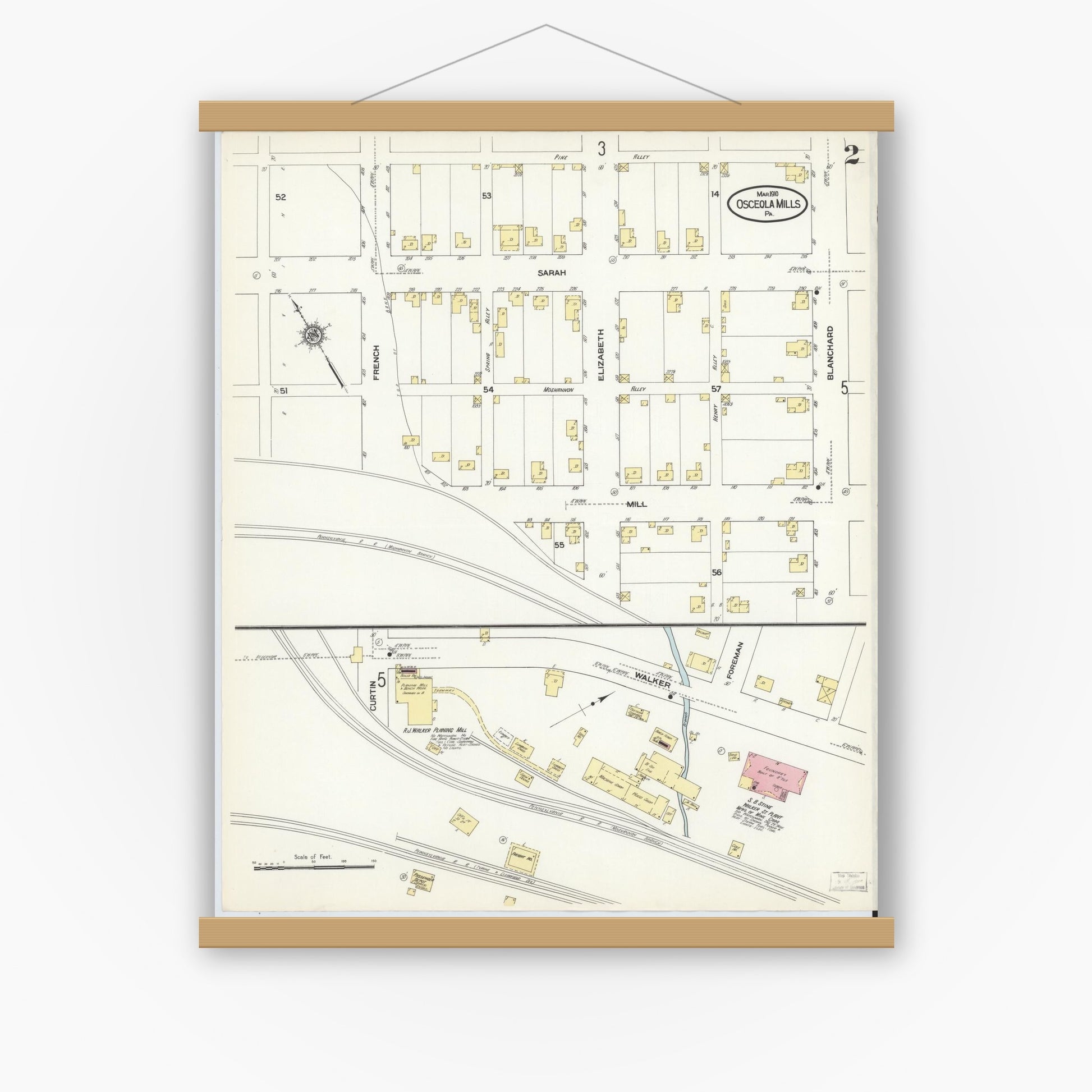 Old map wall art mockup — magnetic wood frame on white wall — Sanborn Fire Insurance Map from Osceola Mills, Clearfield County, Pennsylvania (1910), Sheet #0002