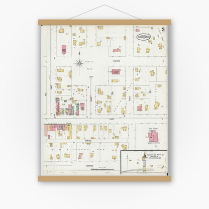 Old map wall art mockup — magnetic wood frame on white wall — Sanborn Fire Insurance Map from Farmington, Fulton County, Illinois (1899), Sheet #0003