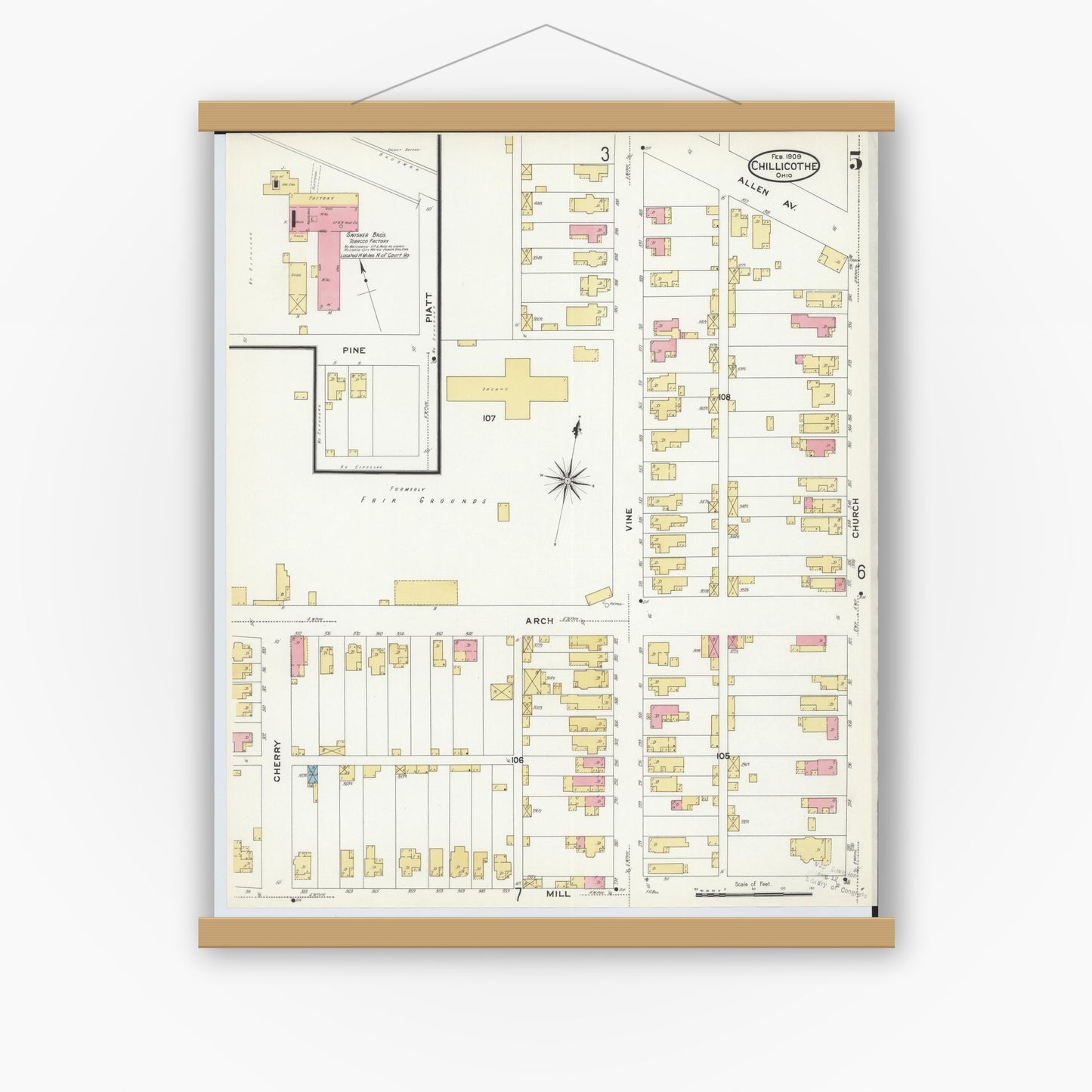 Old map wall art mockup — magnetic wood frame on white wall — Sanborn Fire Insurance Map from Chillicothe, Ross County, Ohio (1909), Sheet #0005
