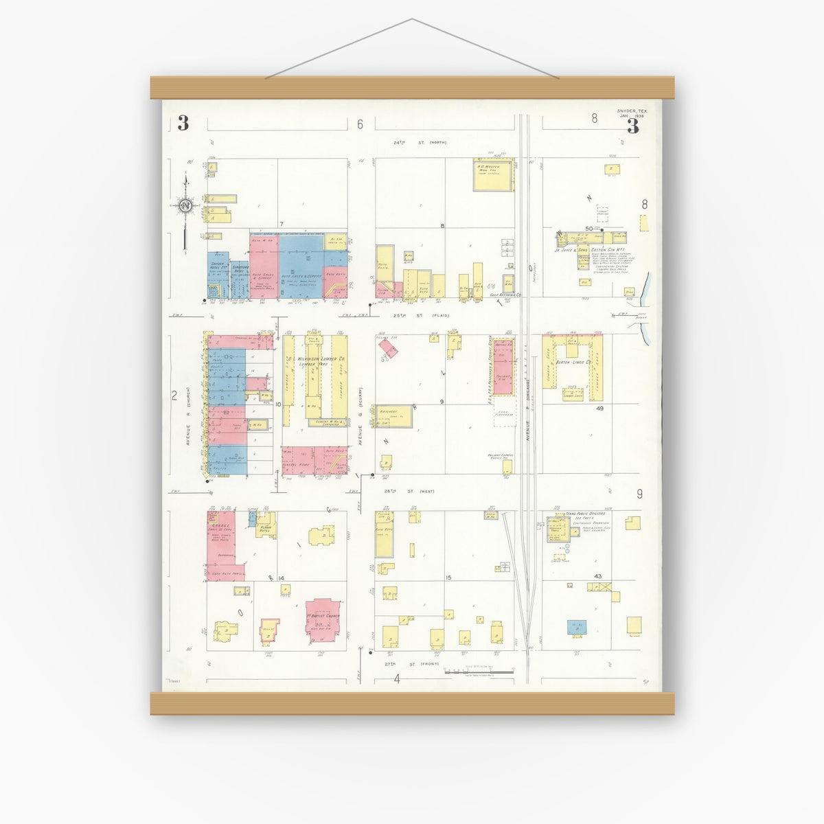 Old map wall art mockup — magnetic wood frame on white wall — Sanborn Fire Insurance Map from Snyder, Scurry County, Texas (1936), Sheet #0003
