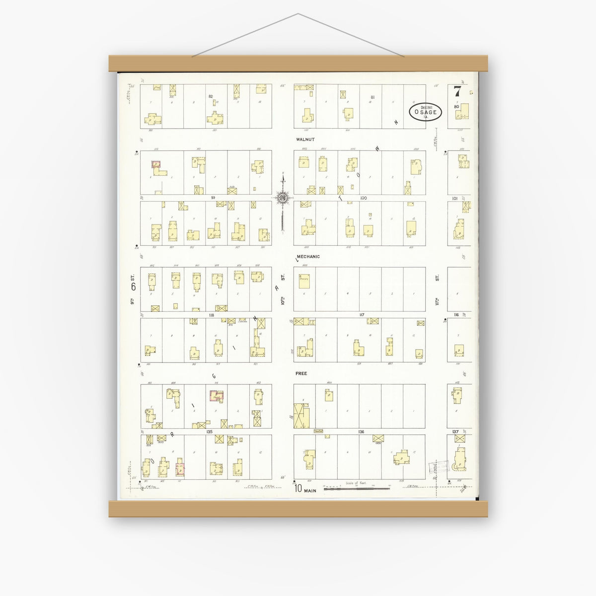 Old map wall art mockup — magnetic wood frame on white wall — Sanborn Fire Insurance Map from Osage, Mitchell County, Iowa (1911), Sheet #0007