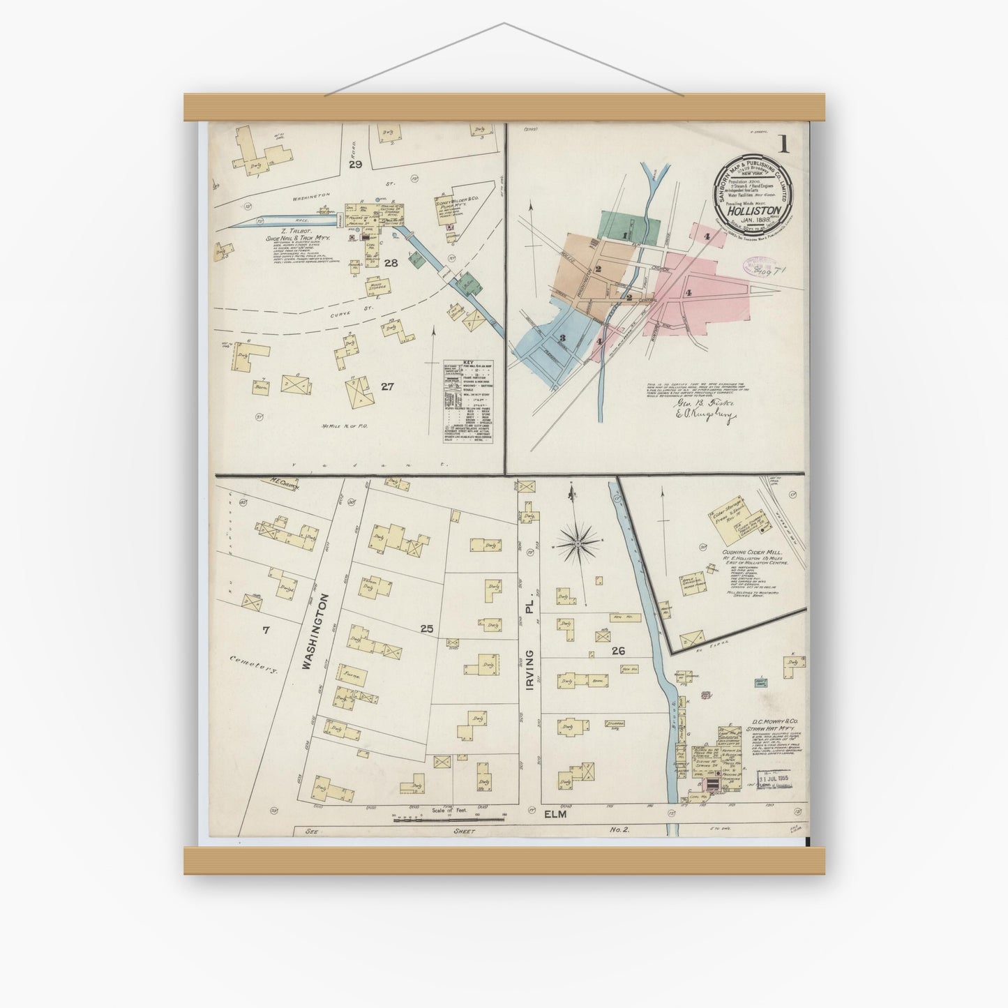 Old map wall art mockup — magnetic wood frame on white wall — Sanborn Fire Insurance Map from Holliston, Middlesex County, Massachusetts (1888) - Complete Map Set