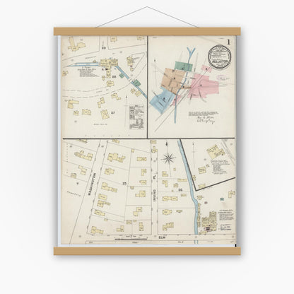 Old map wall art mockup — magnetic wood frame on white wall — Sanborn Fire Insurance Map from Holliston, Middlesex County, Massachusetts (1888) - Complete Map Set