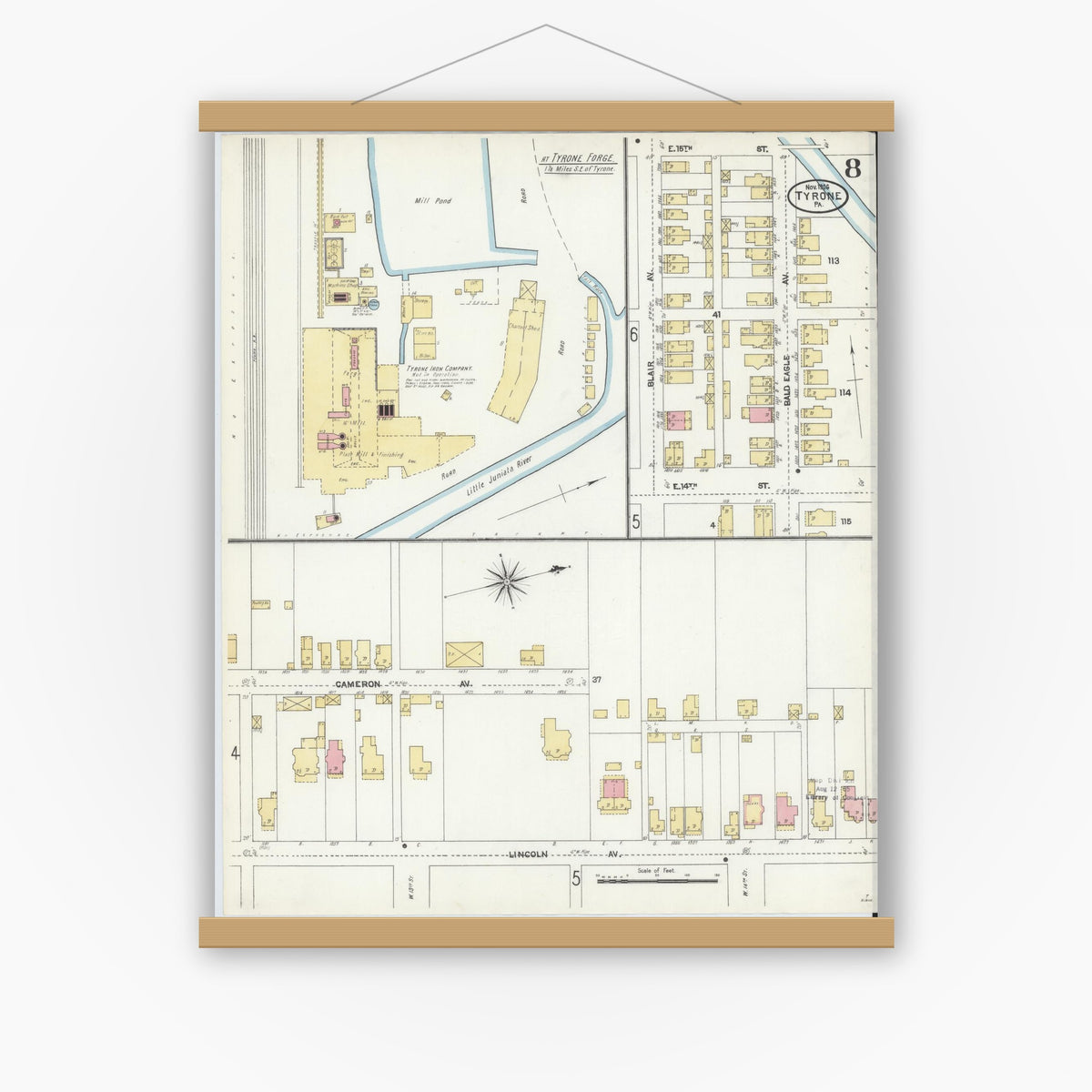 Old map wall art mockup — magnetic wood frame on white wall — Sanborn Fire Insurance Map from Tyrone, Blair County, Pennsylvania (1906), Sheet #0008
