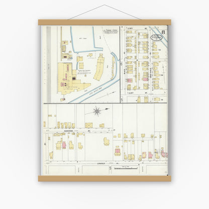 Old map wall art mockup — magnetic wood frame on white wall — Sanborn Fire Insurance Map from Tyrone, Blair County, Pennsylvania (1906), Sheet #0008