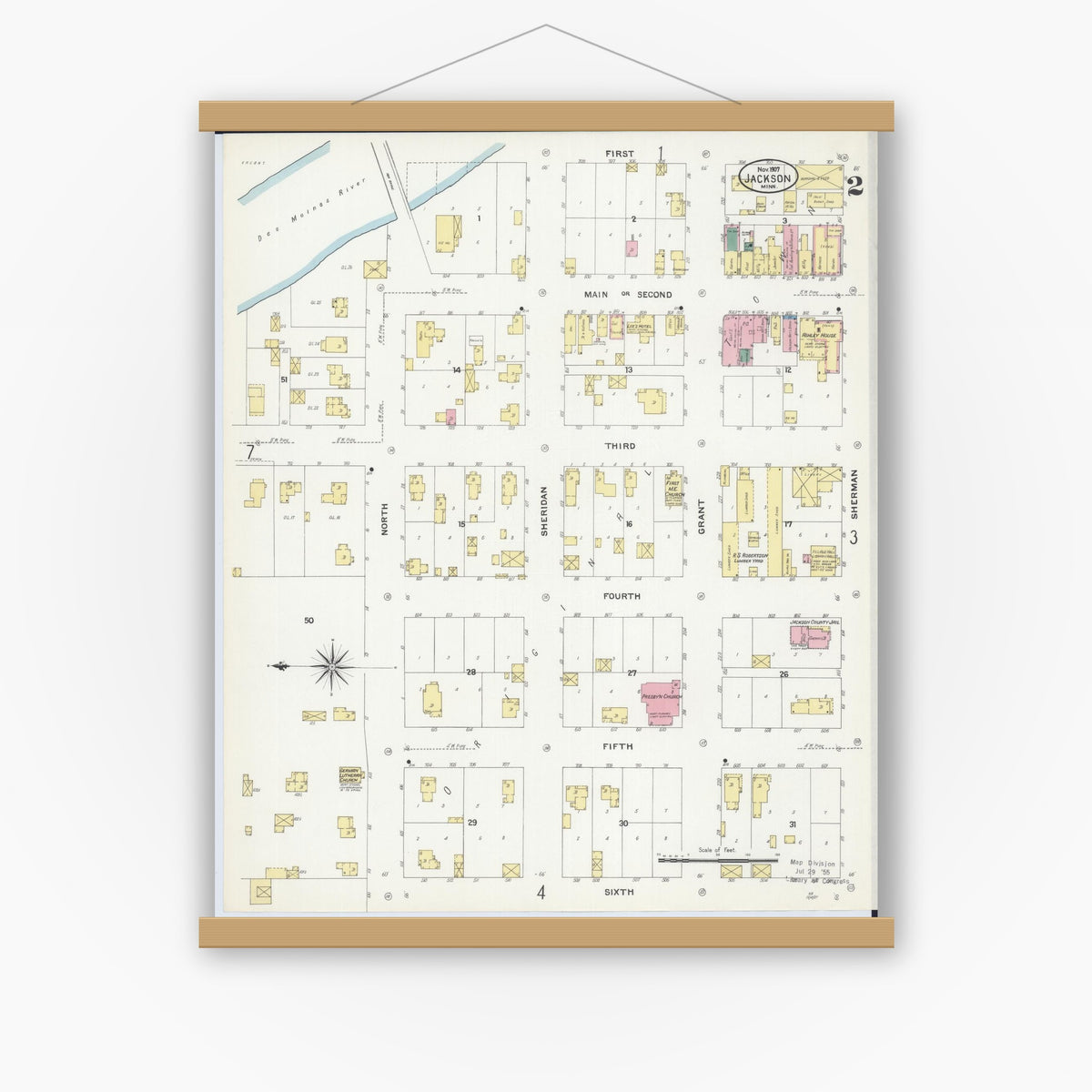 Old map wall art mockup — magnetic wood frame on white wall — Sanborn Fire Insurance Map from Jackson, Jackson County, Minnesota (1907), Sheet #0002