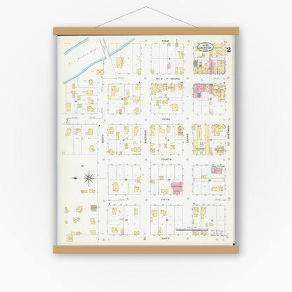 Old map wall art mockup — magnetic wood frame on white wall — Sanborn Fire Insurance Map from Jackson, Jackson County, Minnesota (1907), Sheet #0002