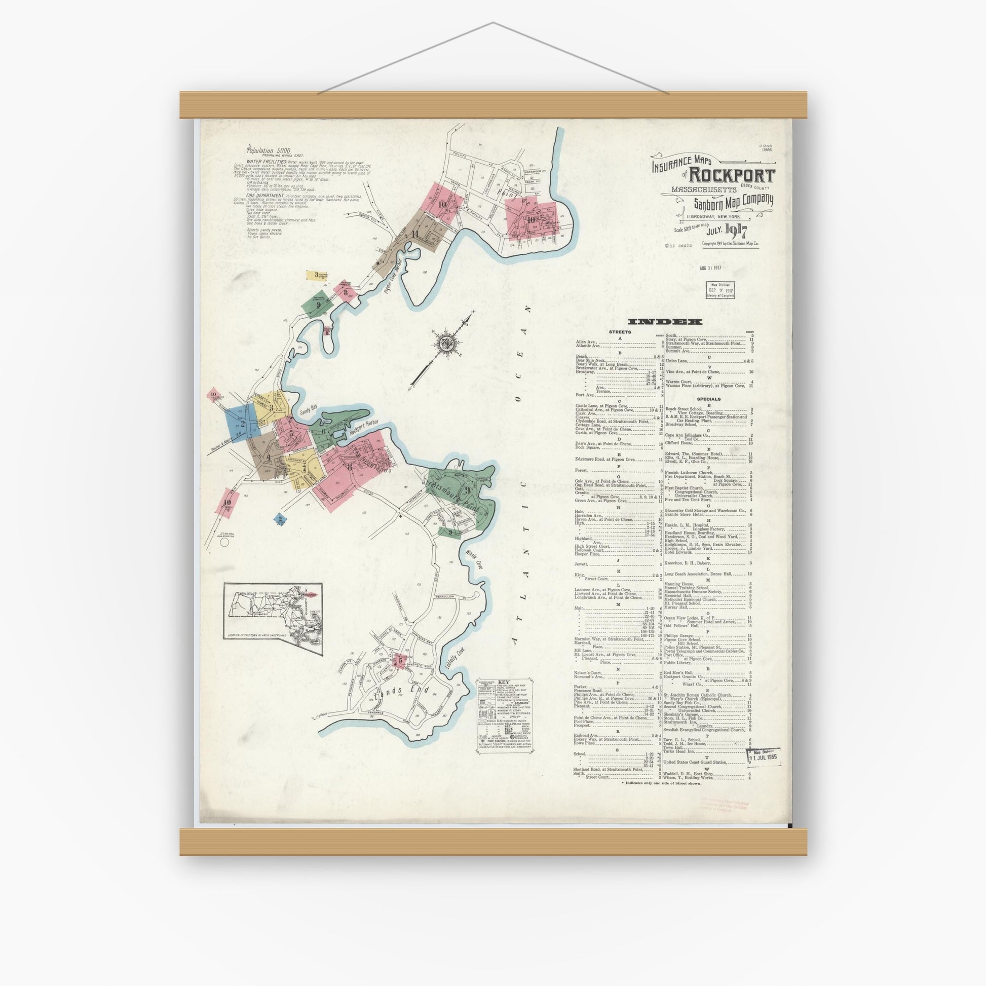 Old map wall art mockup — magnetic wood frame on white wall — Sanborn Fire Insurance Map from Rockport, Essex County, Massachusetts (1917) - Complete Map Set