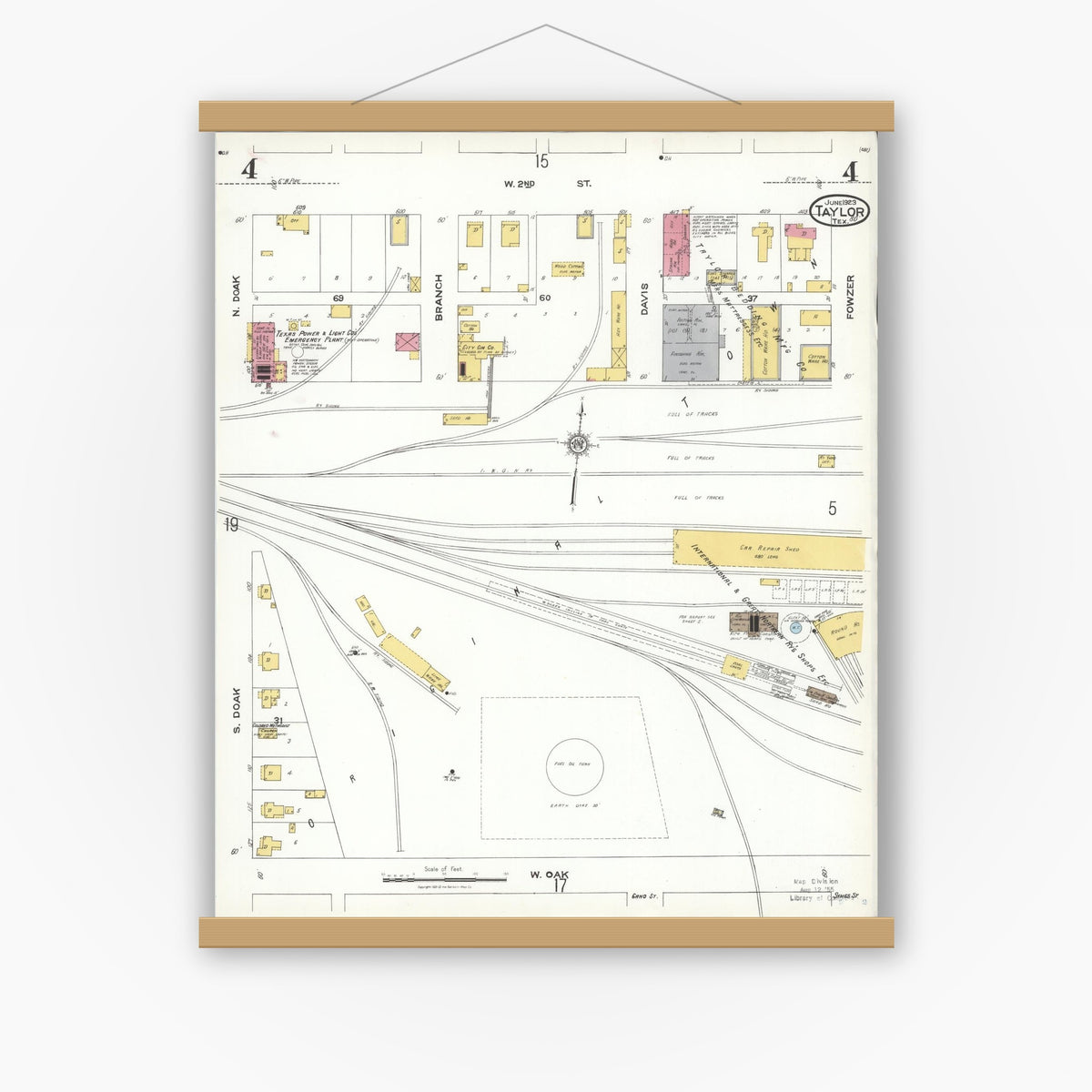 Old map wall art mockup — magnetic wood frame on white wall — Sanborn Fire Insurance Map from Taylor, Williamson County, Texas (1923), Sheet #0004