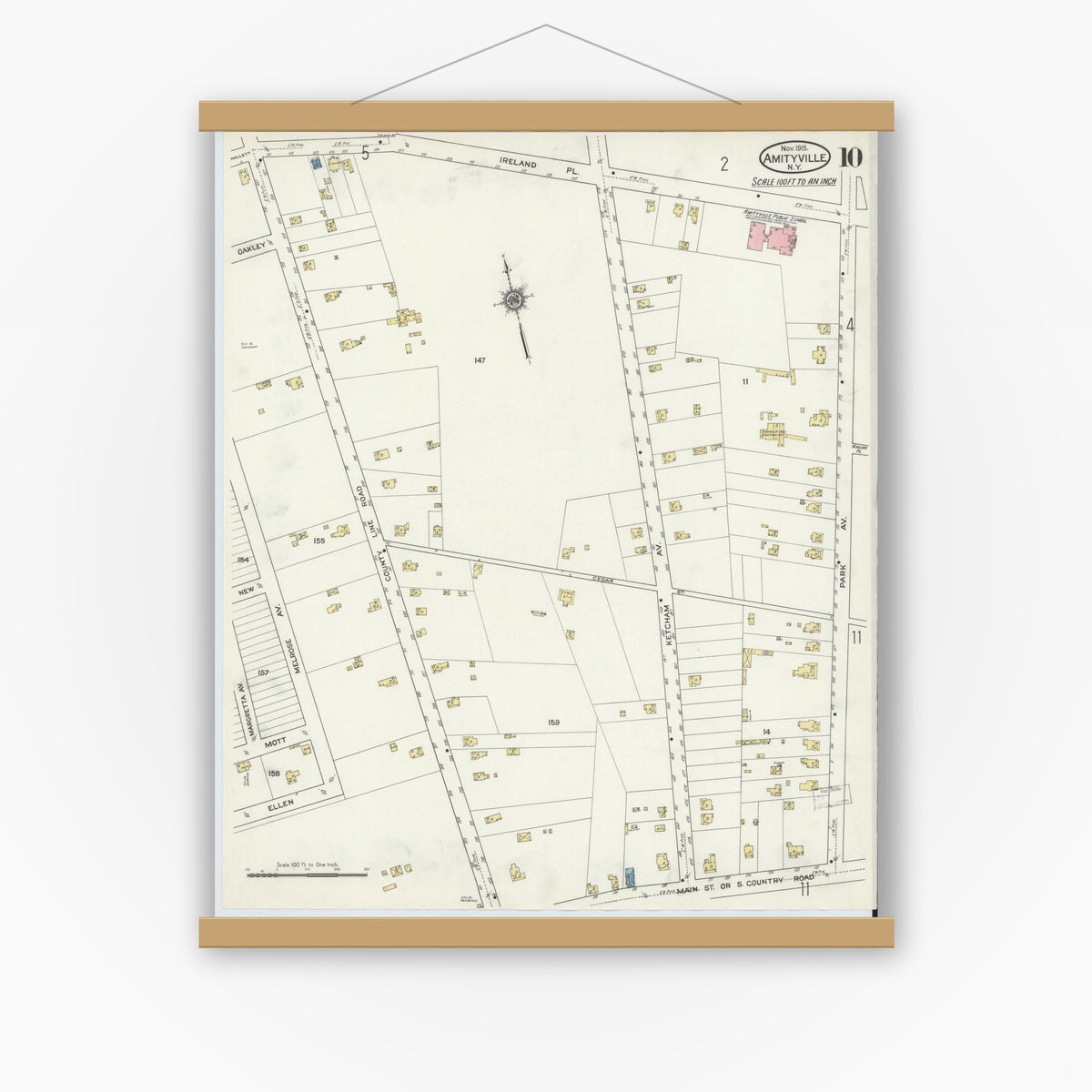 Old map wall art mockup — magnetic wood frame on white wall — Sanborn Fire Insurance Map from Amityville, Suffolk County, New York (1915), Sheet #0010