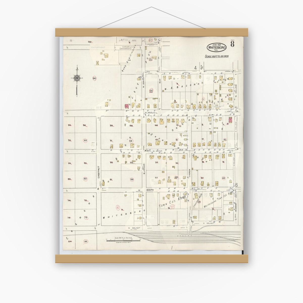 Old map wall art mockup — magnetic wood frame on white wall — Sanborn Fire Insurance Map from Whitesboro, Grayson County, Texas (1943), Sheet #0008