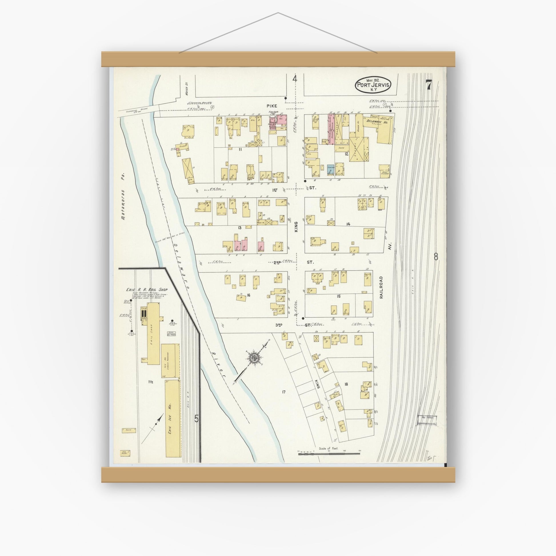 Old map wall art mockup — magnetic wood frame on white wall — Sanborn Fire Insurance Map from Port Jervis, Orange County, New York (1912), Sheet #0007