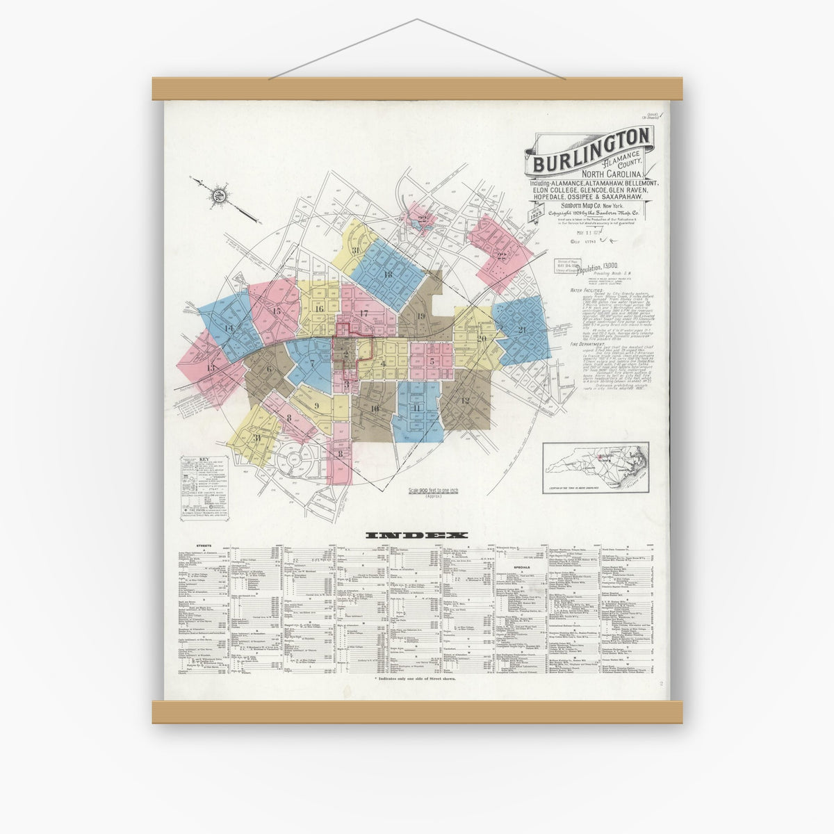 Old map wall art mockup — magnetic wood frame on white wall — Sanborn Fire Insurance Map from Burlington, Alamance County, North Carolina (1929) - Complete Map Set
